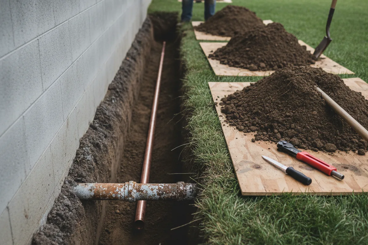 Excavated water line trench during Water Heater Repair in Thorndike